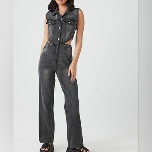 Forever 21 Denim Coverall S Jumpsuit Cutout Button Sleeveless